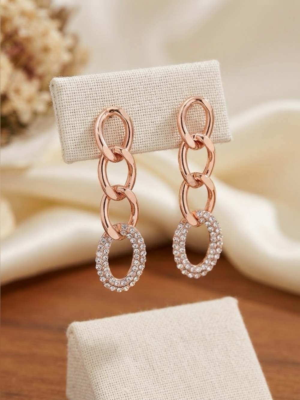 Rose Gold Chain Link Drop Earrings | Pavé Rhinestone Oval Link Statement Earring